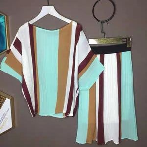Summer Striped Pleated Loose Shirt Elastic Waist Skirt Two Piece Set